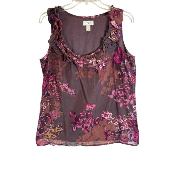 LOFT Floral Ruffle Neck Top - Picture 1 of 4